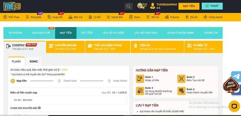 nạp tiền five88 nhanh